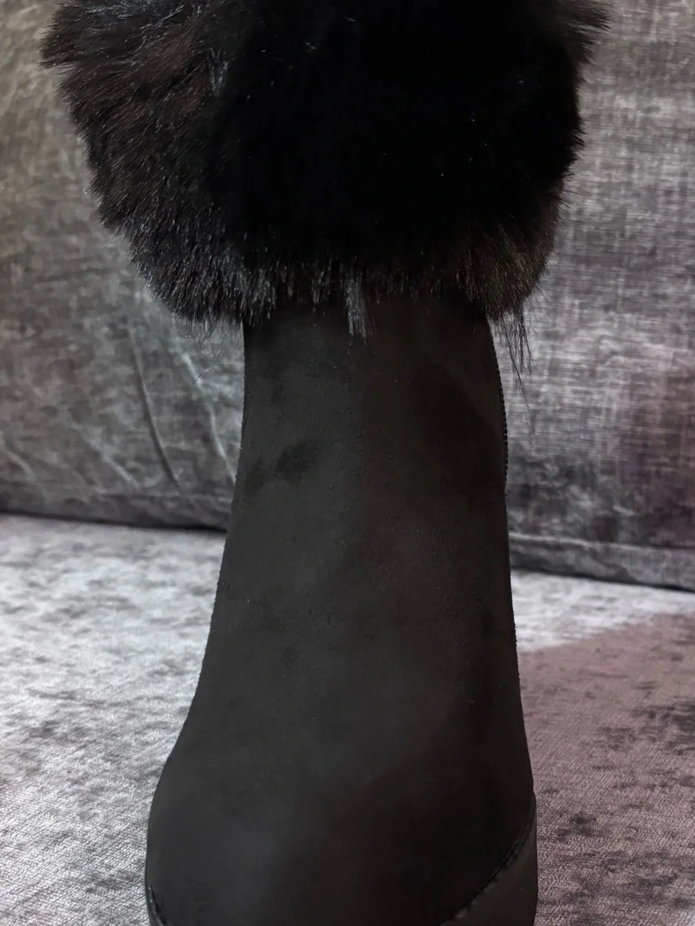 Faux Fur Trim Black Wedge Ankle Boot - Women